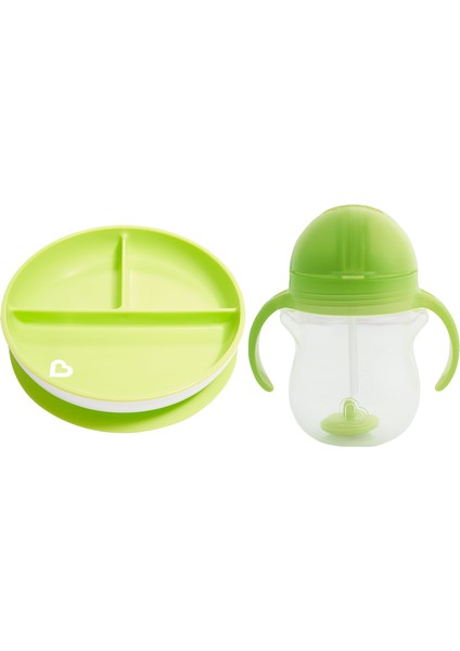 Sabit Vakumlu Beslenme Tabağı &tıklama Uçlu Pipetli Alıştırma Bardağı 6AY+ Yeşil&yeşil 2'li Paket
