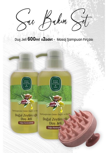 Zeytinyağlı Duş Jeli 600 ml x 2 Adet ve Masaj Şampuan Fırçası Pembe