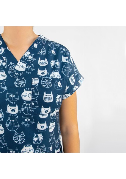 Lacivert Kedi Desenli Likralı Üst Forma fırsatları