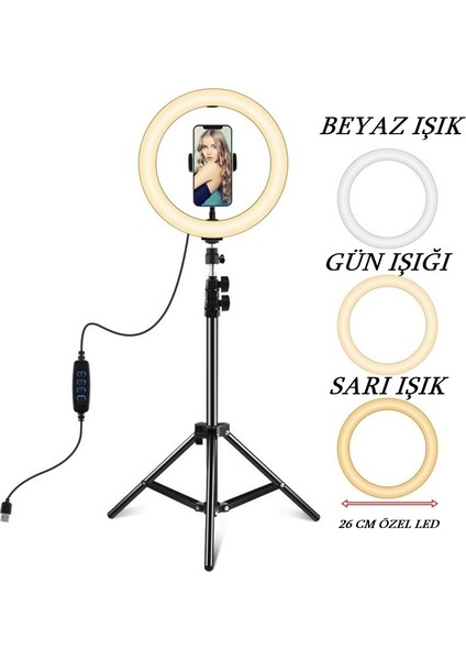 10" Halka LED 140  cm  Tripodlu Youtuber Video Selfie Stüdyo Makyaj Tiktok Işığı Ring Light 3 Renk Işık