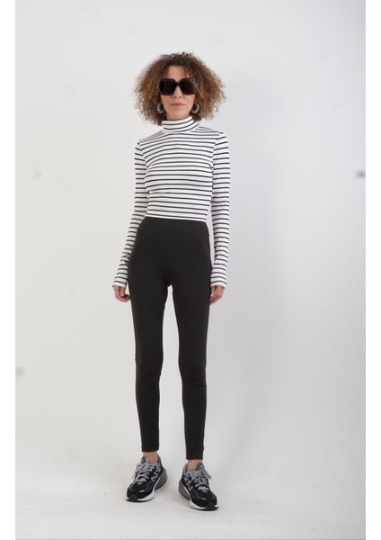 Ekru Çizgili Balıkçı Yaka Fitilli Crop Bluz