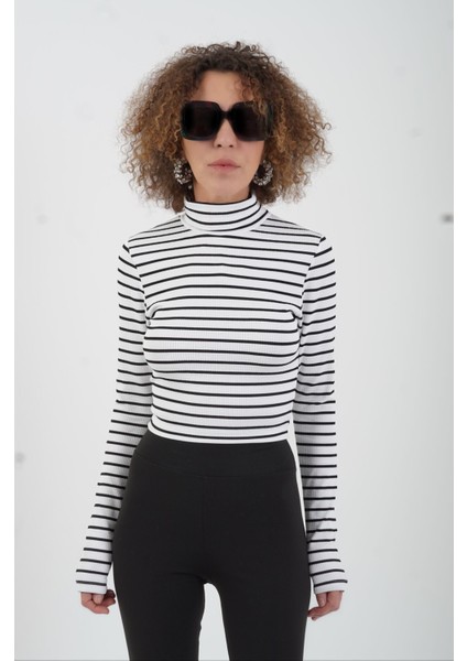 Ekru Çizgili Balıkçı Yaka Fitilli Crop Bluz