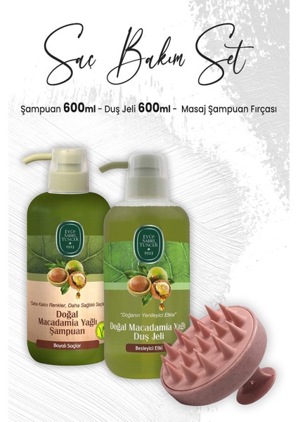 Macadamia Yağlı Duş Jeli 600 Ml, Şampuan 600 ml ve Masaj Şampuan Fırçası Pembe