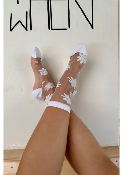 Papatyalı Beyaz Kadın Tül Çorap