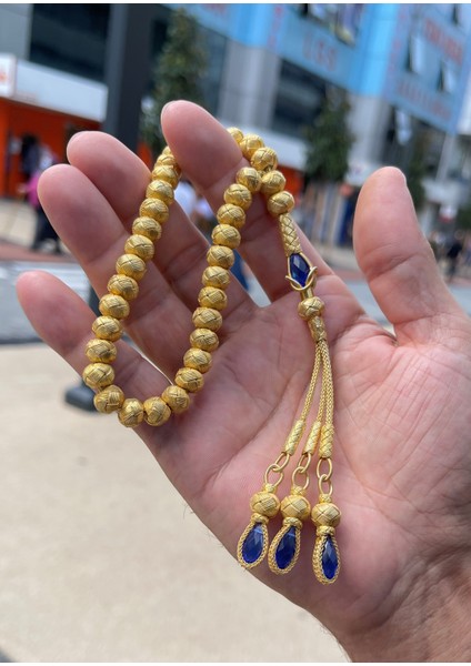 Lacivert Zirkon Taşlı Altın Yaldızlı Gümüş Kazaziye El Örgüsü Tesbih - Orta Boy