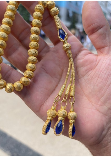 Lacivert Zirkon Taşlı Altın Yaldızlı Gümüş Kazaziye El Örgüsü Tesbih - Orta Boy modelleri