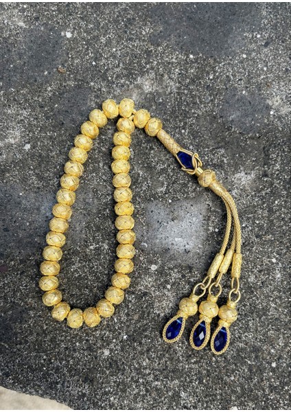 Lacivert Zirkon Taşlı Altın Yaldızlı Gümüş Kazaziye El Örgüsü Tesbih - Orta Boy fırsatları