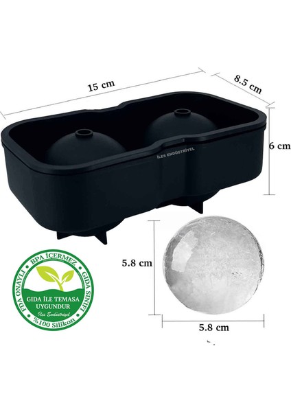 Iles Gurme Büyük Boy Silikon 2 Bölmeli Xl Top Buz Kalıbı, Siyah