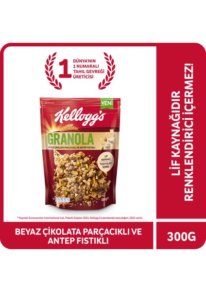 Granola Beyaz Çikolata Parçacıklı ve Antep Fıstıklı 300 Gr; 46% Yulaf İçerir