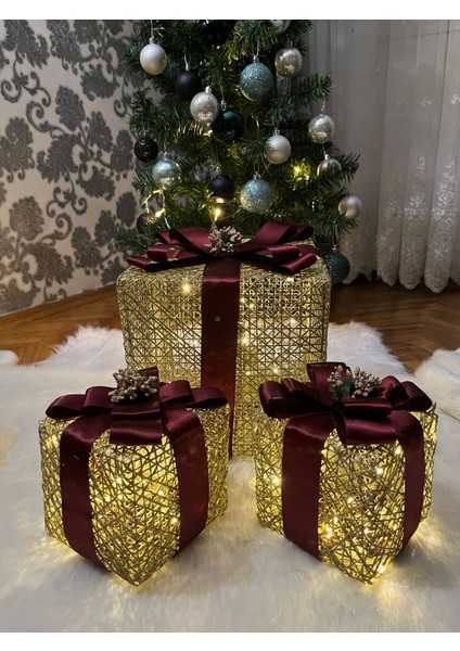 Dekoratif Yılbaşı Ağacı Altı LED Işıklı Hediye Kutusu Seti