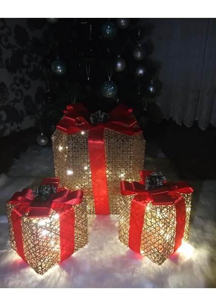 Dekoratif Yılbaşı Ağacı Altı LED Işıklı Hediye Kutusu Seti