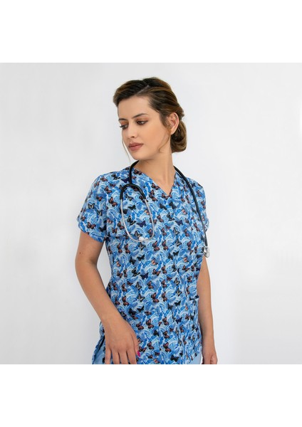 Mavi Kelebek Desenli Likralı Üst Forma modelleri