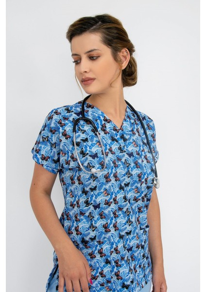 Mavi Kelebek Desenli Likralı Üst Forma indirimleri