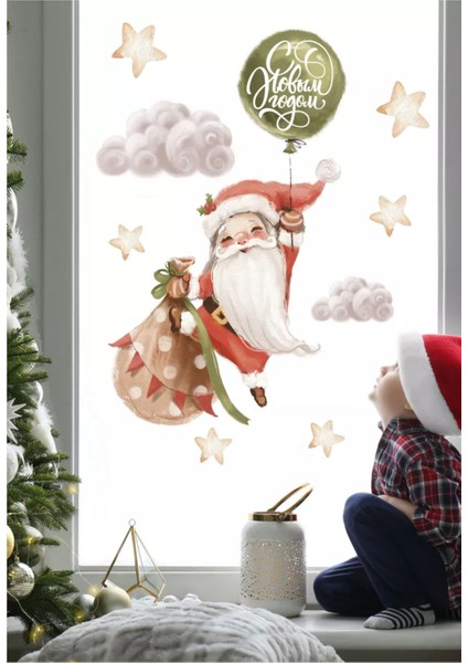 Balonlu Noel Baba Cam ve Duvar Sticker, Yeni Yıl Sticker