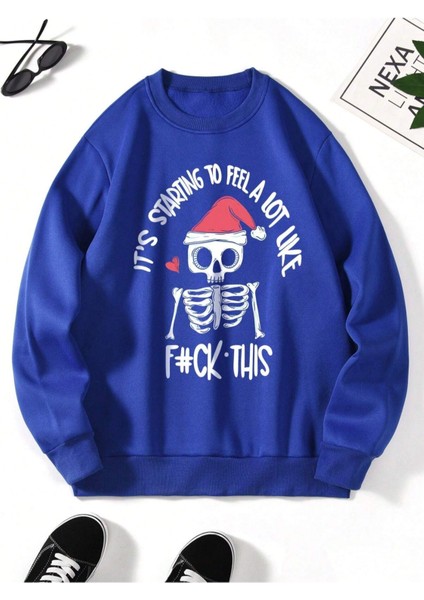 Mavi İskelet Baskılı Oversize Bisiklet Yaka Erkek Sweatshirt.