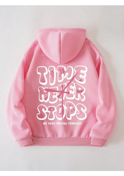 Pembe Time Never Baskılı Oversize Kapüşonlu Unisex Sweatshirt