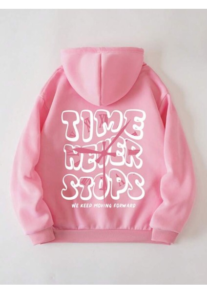 Pembe Time Never Baskılı Oversize Kapüşonlu Unisex Sweatshirt