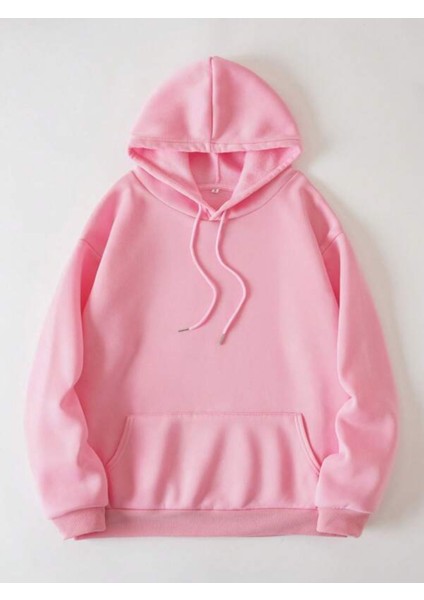 Pembe Time Never Baskılı Oversize Kapüşonlu Unisex Sweatshirt