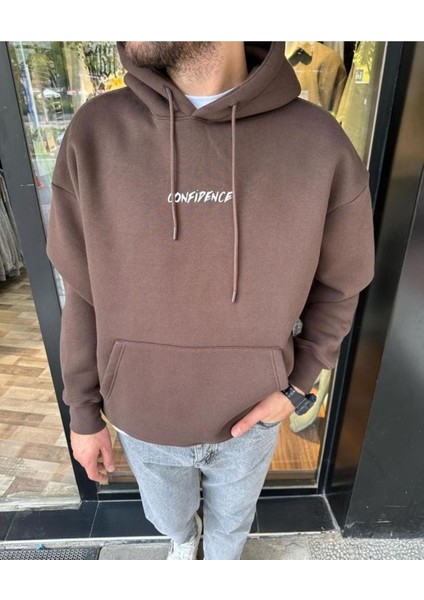 Kahverengi Baskılı Oversize Kapuşonlu Erkek Sweatshirt