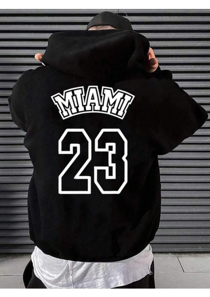 Siyah Miami 23 Baskılı Oversize Kapuşonlu Erkek Sweatshirt