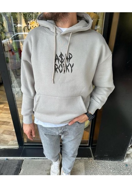 Gri Asap Rocky Baskılı Oversize Kapuşonlu Erkek Sweatshirt