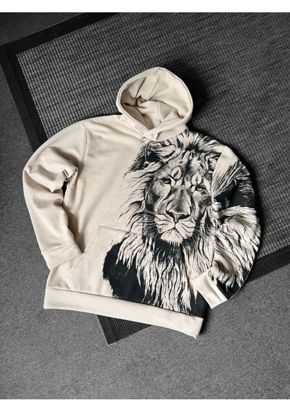 Bej Aslan Baskılı Oversize Kapuşonlu Erkek Sweatshirt