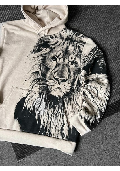 Bej Aslan Baskılı Oversize Kapuşonlu Erkek Sweatshirt