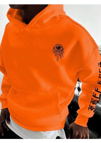 Turuncu Göz Baskılı Oversize Kapüşonlu Erkek Sweatshirt