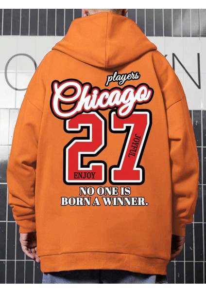 Turuncu Chicago 27 Baskılı Oversize Kapüşonlu Erkek Sweatshirt