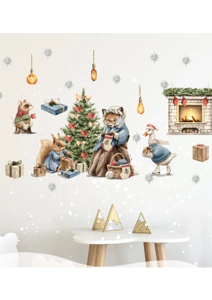 Yeni Yıl Masalı, Sevimli Yılbaşı Figürleri Sticker Seti, Kış Yılbaşı Süsü Sticker Cam Duvar Sticker