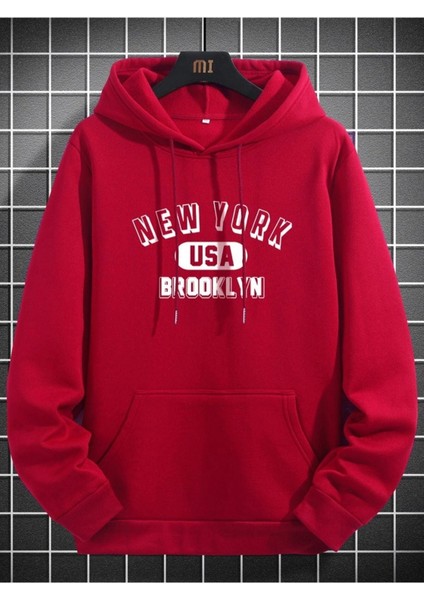 Unisex Pembe New York Baskılı 3 Iplik Oversize Kapüşonlu Sweatshirt