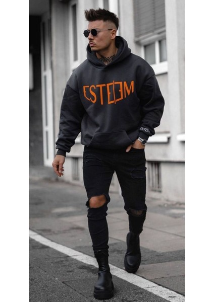 Erkek Koyu Gri Esteem Baskılı Oversize Kapüşonlu Sweatshirt