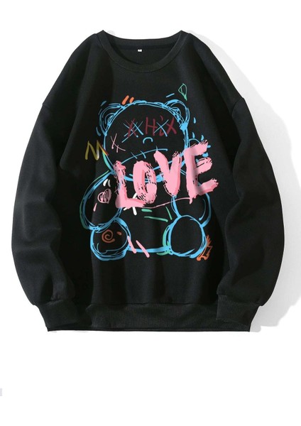 Unisex Siyah Love Bisiklet Yaka Baskılı Oversize Sweatshirt