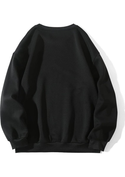 Unisex Siyah Love Bisiklet Yaka Baskılı Oversize Sweatshirt