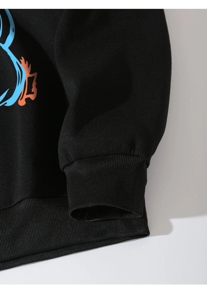 Unisex Siyah Love Bisiklet Yaka Baskılı Oversize Sweatshirt