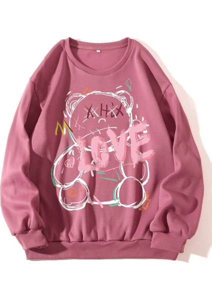 Unisex Gül Kurusu Love Bisiklet Yaka Baskılı Oversize Sweatshirt