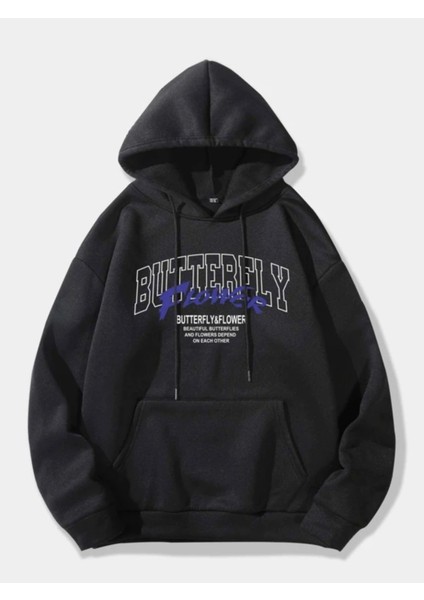Siyah Şimşekli Kelebek Baskılı Oversize Kapşonlu Erkek Sweatshirt