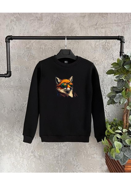 Siyah Tilki Baskılı Oversize Bisiklet Yaka Erkek Sweatshirt