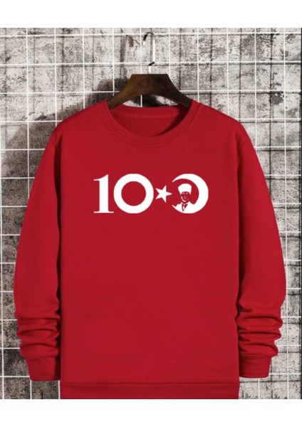 Cumhuriyetin 100. Yılına Özel Baskılı Kırmızı Bisiklet Yaka Unisex Sweatshirt