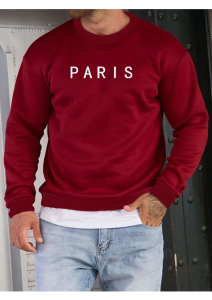 Kırmızı Paris Baskılı Oversize Bisiklet Yaka Erkek Sweatshirt