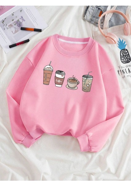 Pembe Kahve Baskılı Oversize Bisiklet Yaka Kadın Sweatshirt