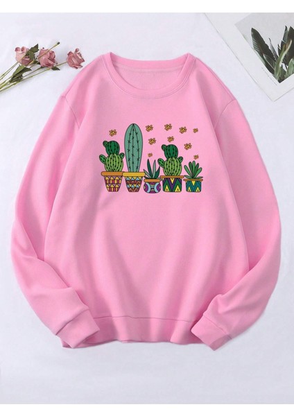 Pembe Kaktüs Baskılı Oversize Bisiklet Yaka Kadın Sweatshirt