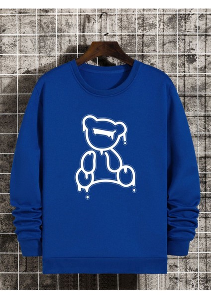 Mavi Ayıcık Baskılı Oversize Bisiklet Yaka Erkek Sweatshirt