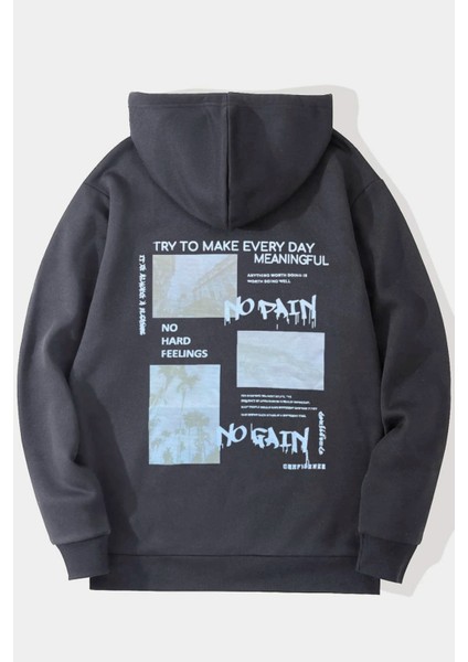 Antrasit No Pain No Gain Baskılı Oversize Kapuşonlu Unisex Sweatshirt