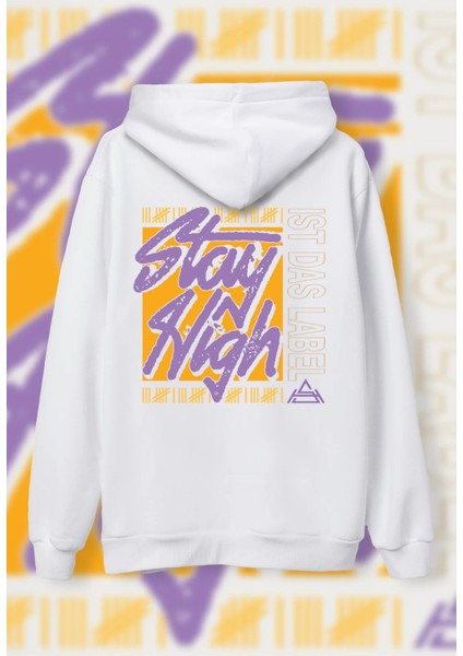 Beyaz Stay High Baskılı Oversize Kapuşonlu Unisex Sweatshirt