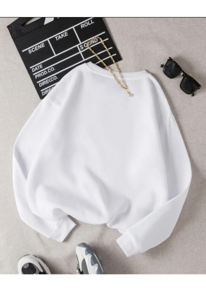 Beyaz Dreamer Baskılı Oversize Bisiklet Yaka Unisex Sweat.