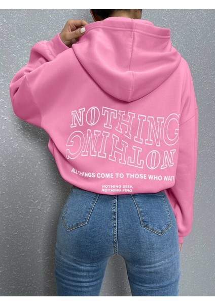 Pembe Nothing Baskılı Oversize Kapüşonlu Unisex Sweatshirt