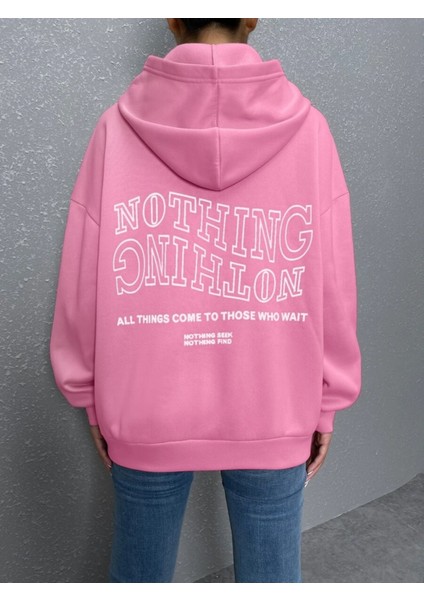 Pembe Nothing Baskılı Oversize Kapüşonlu Unisex Sweatshirt