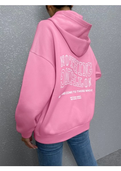 Pembe Nothing Baskılı Oversize Kapüşonlu Unisex Sweatshirt