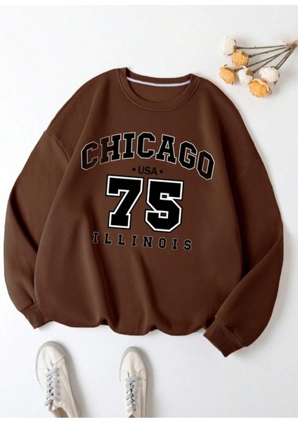 Kahve Rengi Illinois 75 Baskılı Oversize Bisiklet Yaka Erkek Sweatshirt.